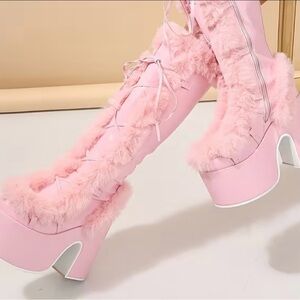 Y2K Punk Goth Faux Fur Pink Chunky Block Heel Platform Knee Warm Boots